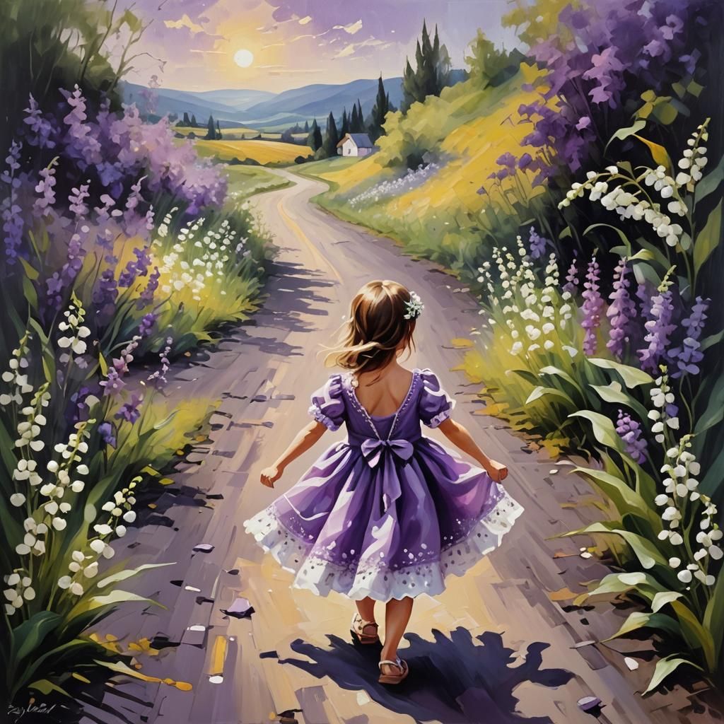 Girl Walking Among Lavender and Lilies as Oil Painting