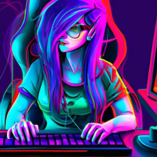 Gamer Girl with Purple Hair: Fantasy Concept Art