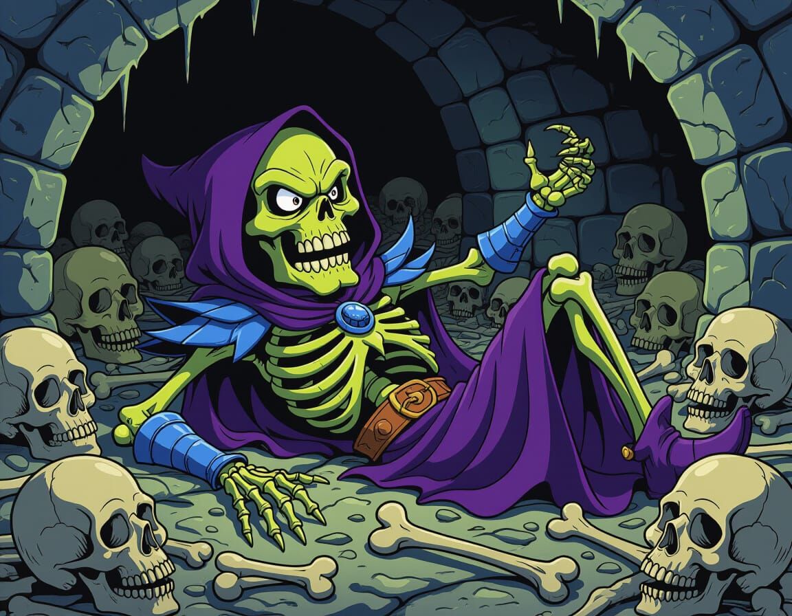 Skeletor Caricature in Tomb, 2-Bit Cartoon Style