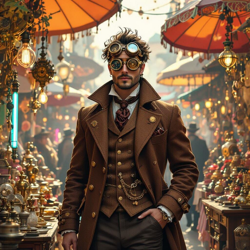 Steampunk Vendor in a Whimsical Market