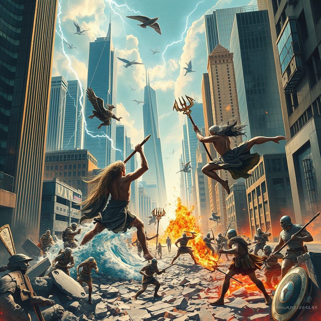 Epic Clash of Gods and Mortals in a Ruined Cityscape