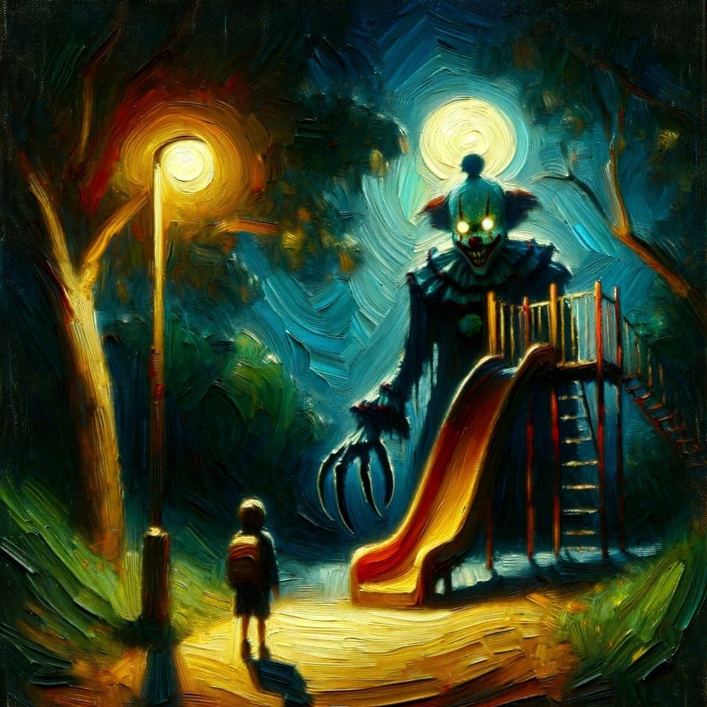 Eerie Park Scene with Lurking Clown, Oil Painting