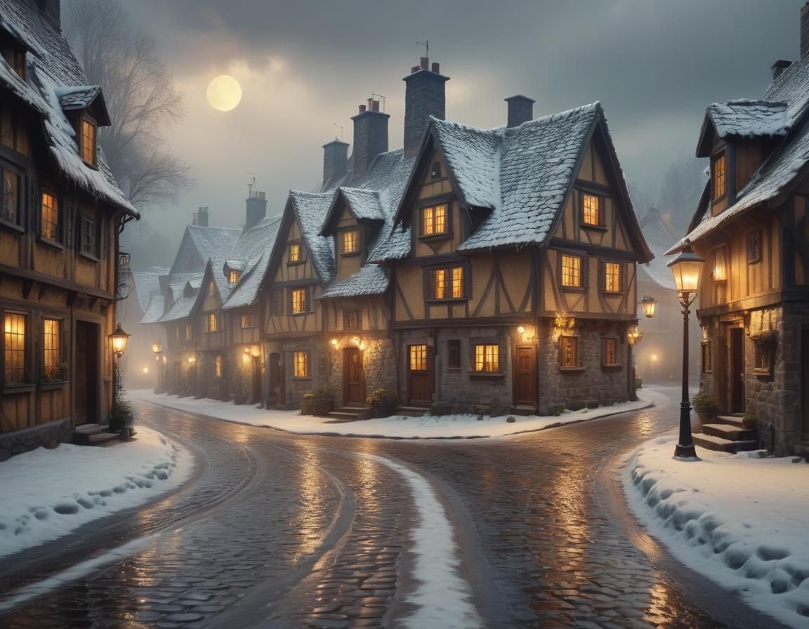 Charming Snowy Village Street in Oil Painting Style