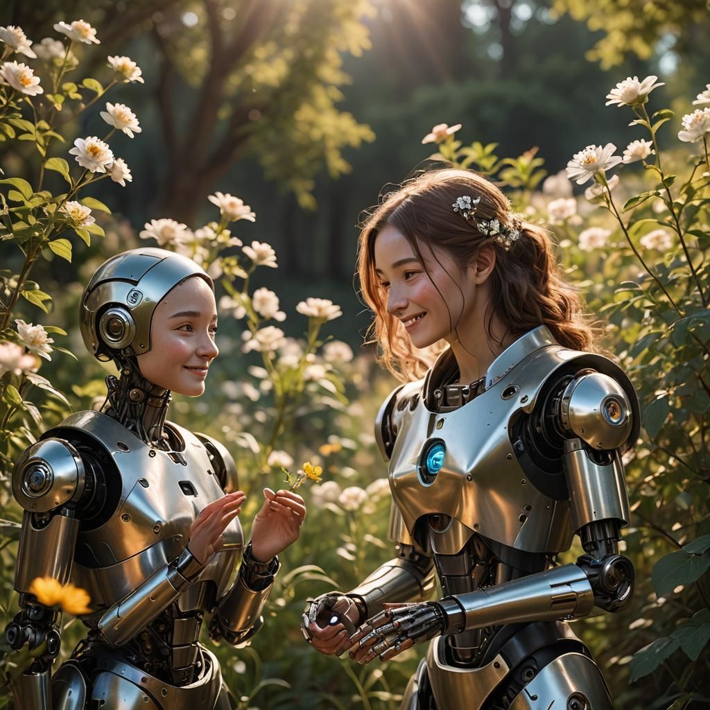 Woman Offers Flower to Robot: Cinematic Friendship