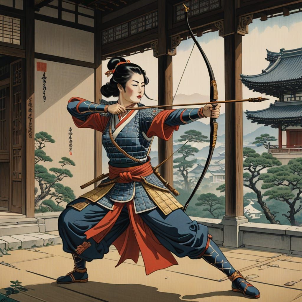 Ukiyo-e Warrior with Bow on Palace Balcony