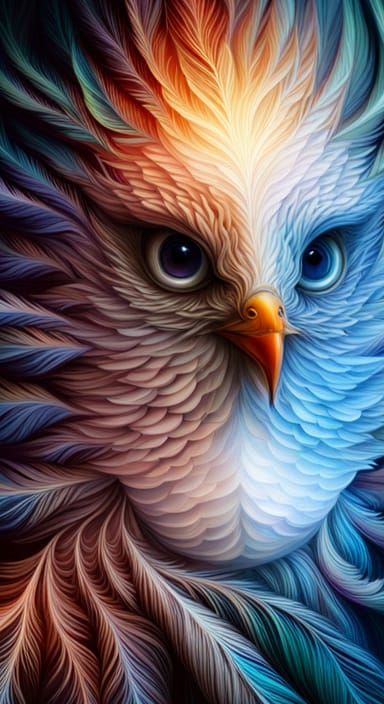 Cute Blue Bird with Fractal Flowers in Pixel Art