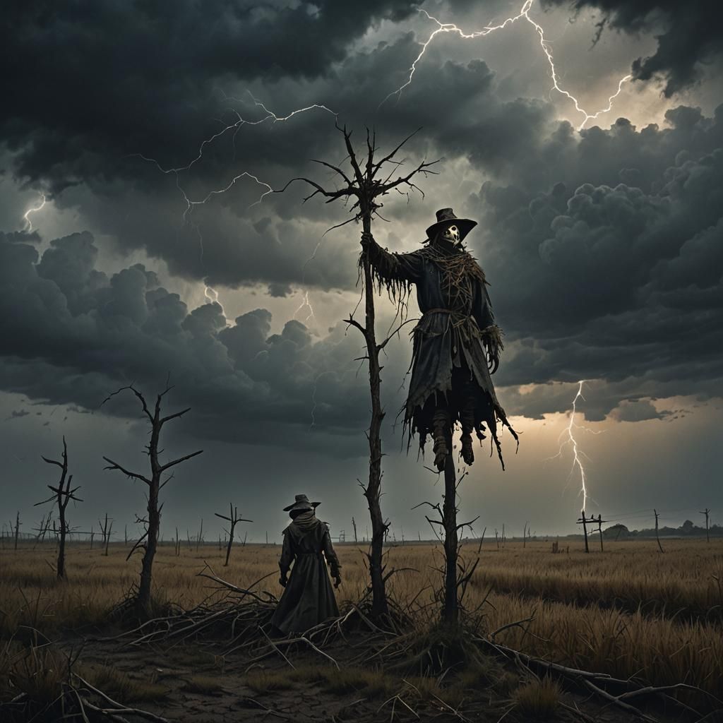 Eerie Scarecrow in Stormy Field: Gothic Horror Scene