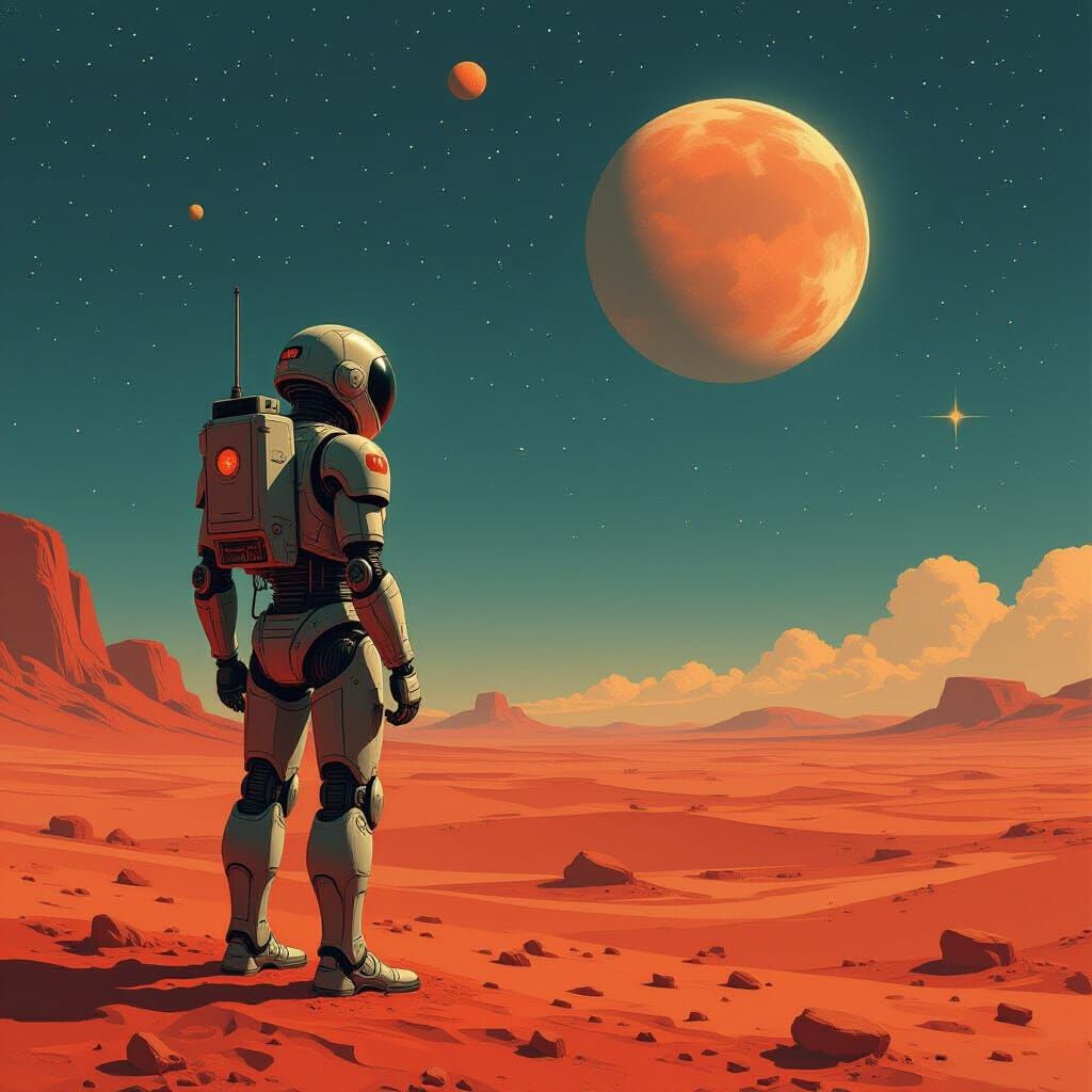 Lone Automaton on Mars in Sci-Fi Comic Style