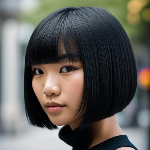 Asian Woman's Chic Black Bob Haircut in Downtown Photo