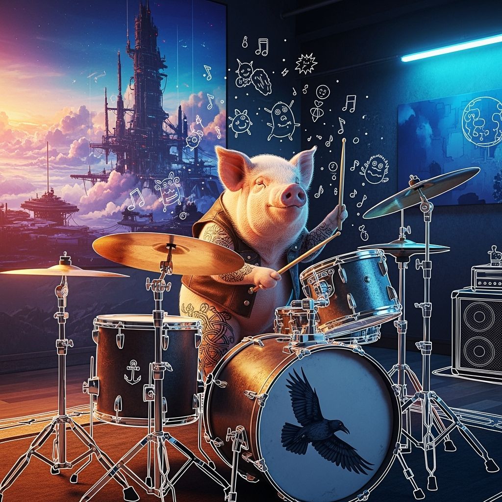 Tattooed Pot-Bellied Pig Rocks Drum Kit in Vibrant Room