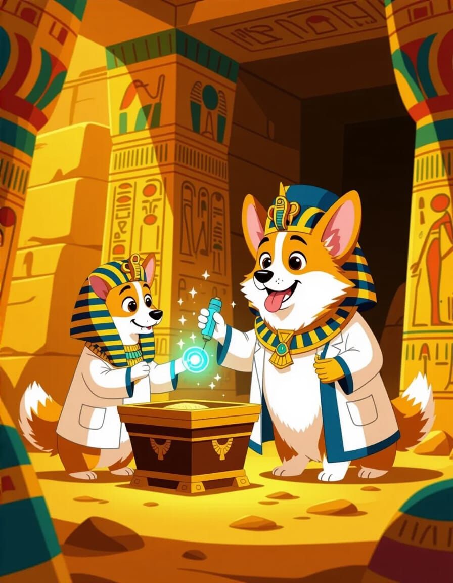 Cartoon Corgi Pharaoh Visited by Time Traveler