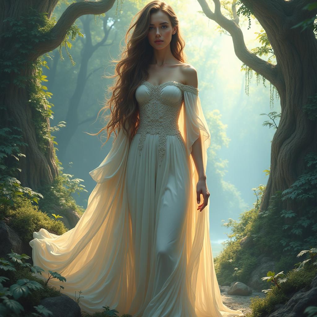 Statuesque Woman with Flowing Hair in Fantasy Landscape