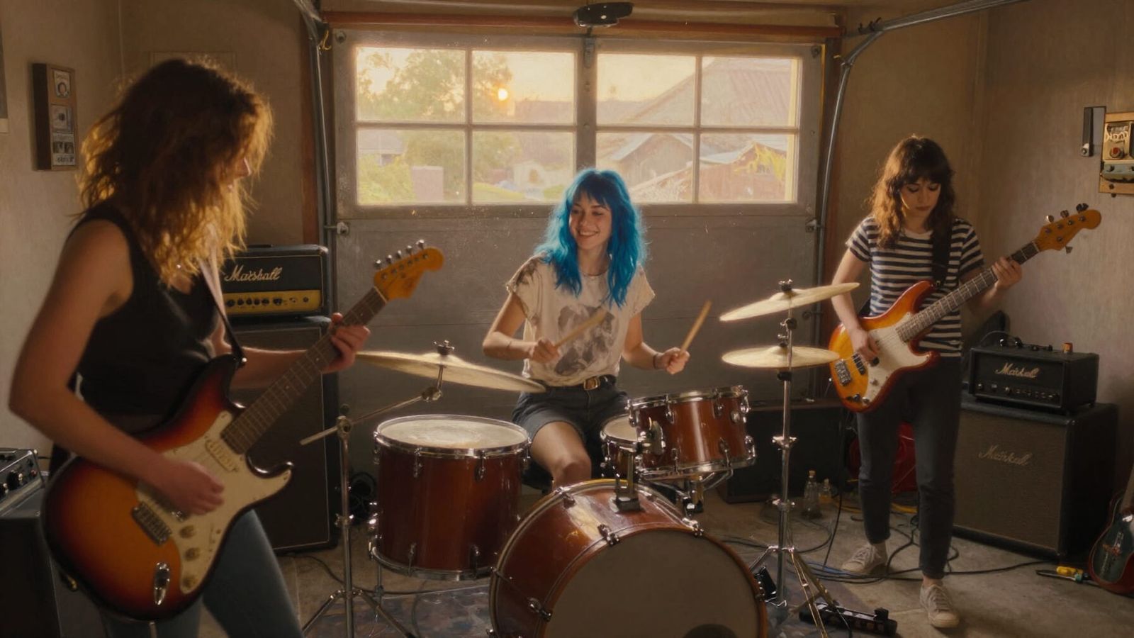 Nostalgic Garage Band at Golden Hour, Oil Painting Style