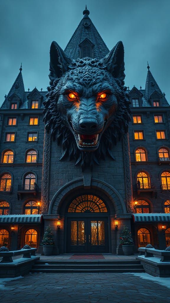 Grand Hotel with Direwolf Statue in Detailed Matte Painting