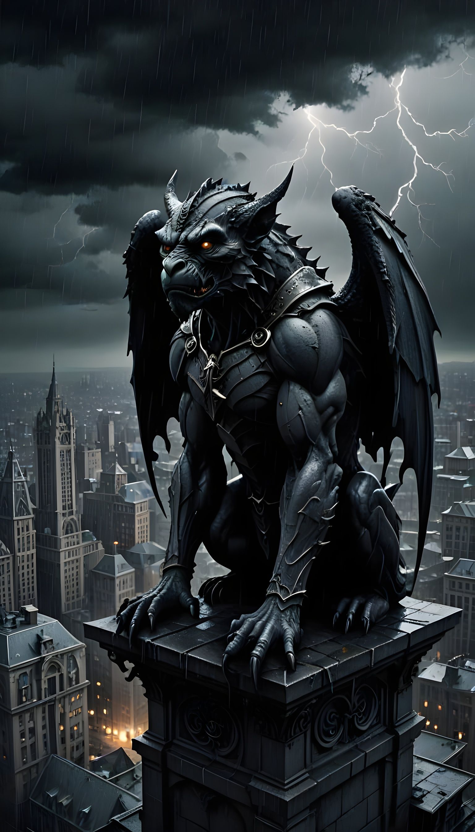 Gargoyle Dominates Urban Skyscraper in Stormy Weather