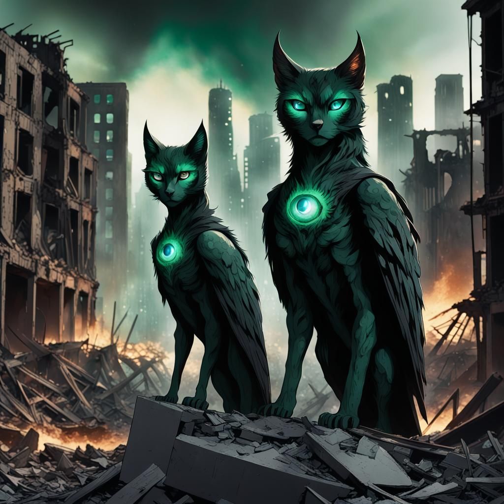 eyes pierce through the darkness . The city lies in ruins, w...