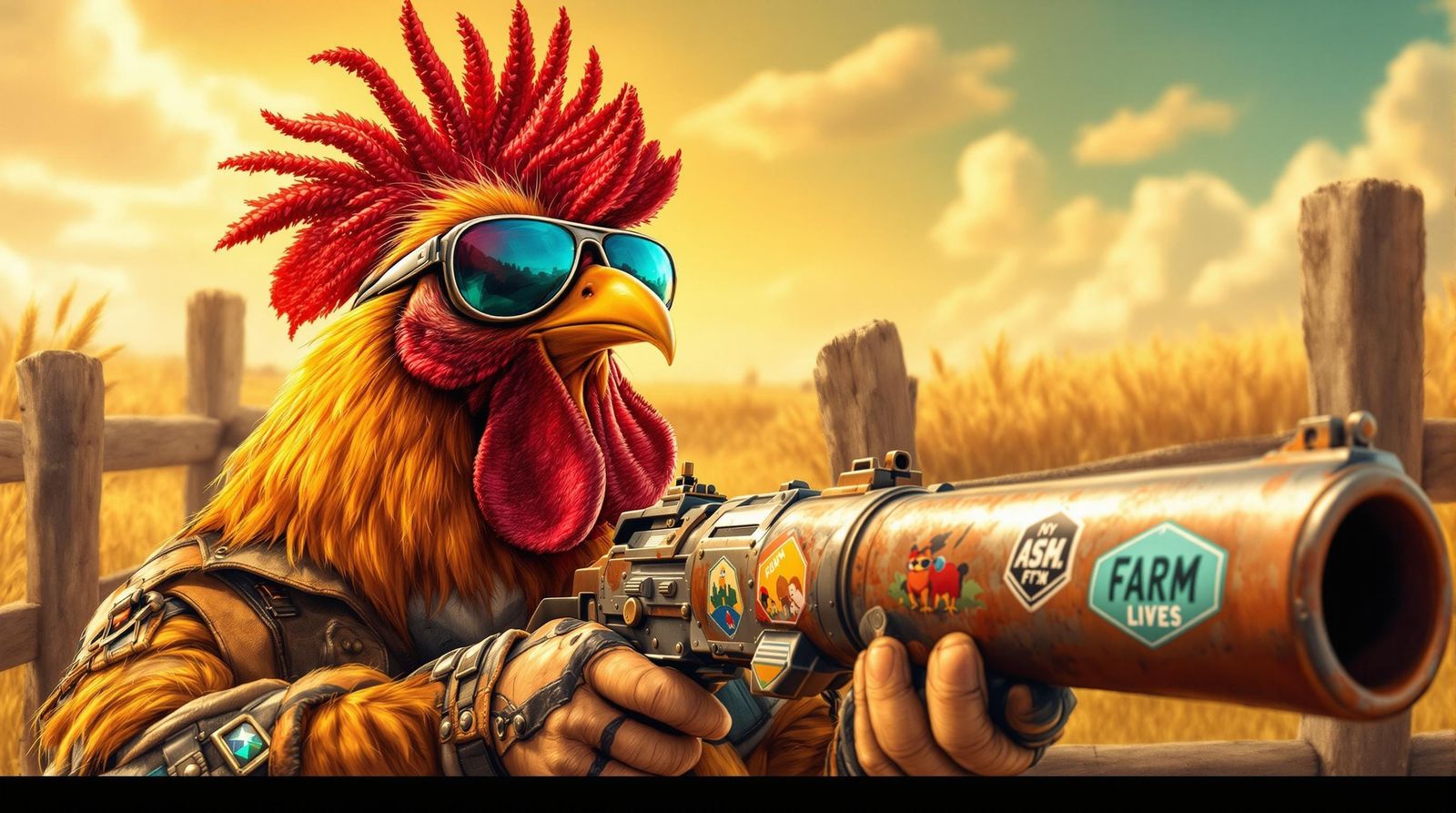 Sunglasses-Wearing Rooster Holds Giant Bazooka on Sunny Farm