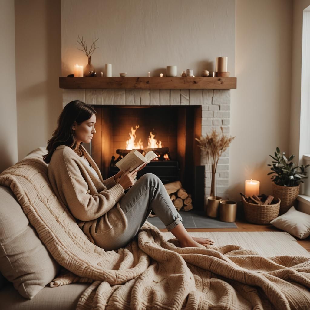 Cozy Minimalist Living Room with Fireplace, Warm Lighting