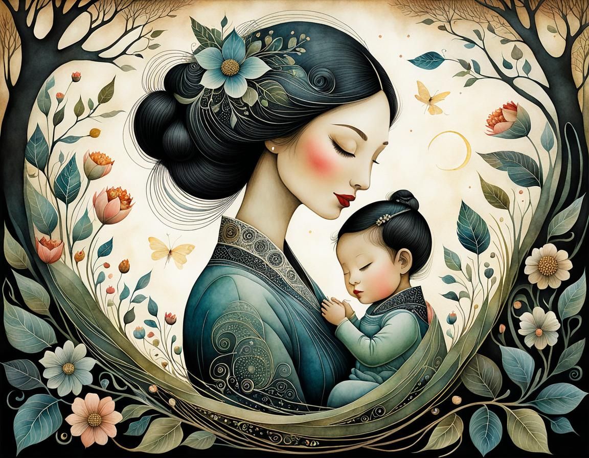 Whimsical Mother and Baby Watercolor Illustration