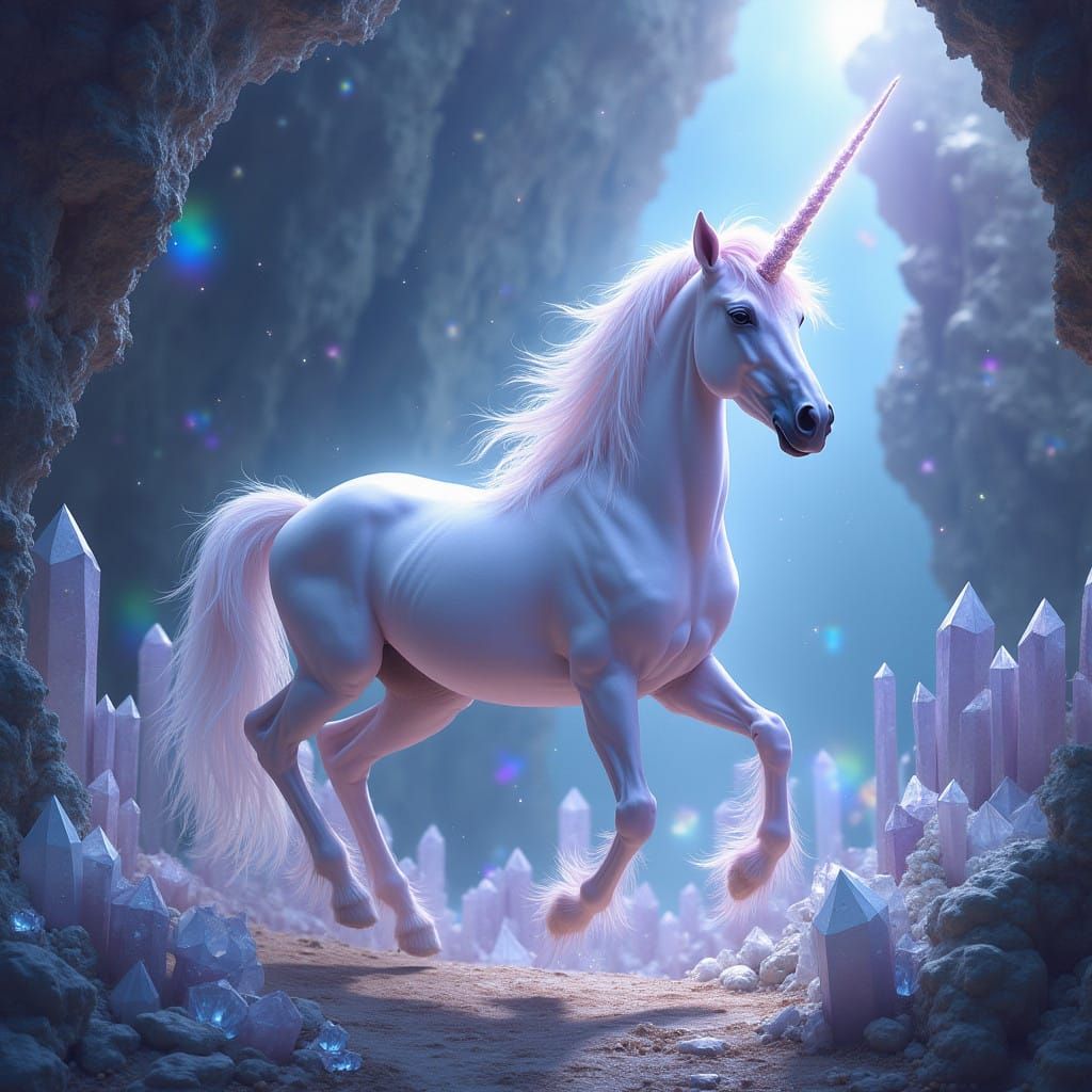Ethereal Crystal Unicorn in a Dreamlike Crystal Cave