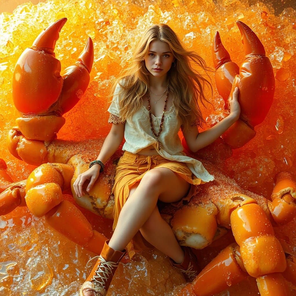Woman on Gummy Crab in Soda Sea, Neon Futurism Style