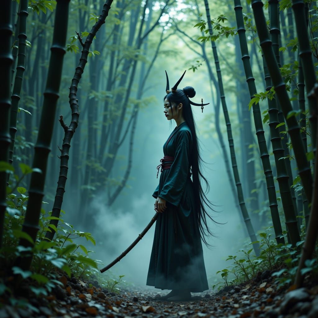Mysterious Yokai in Bamboo Forest at Twilight