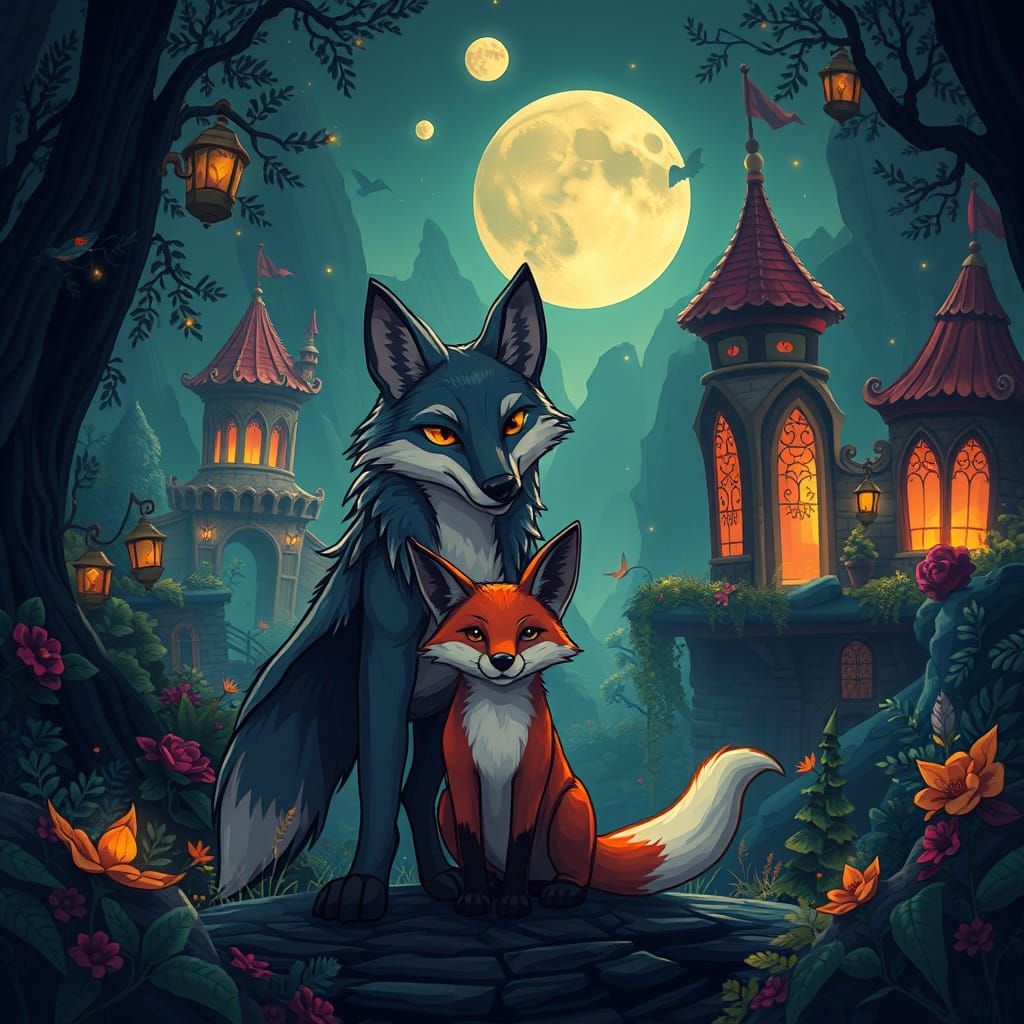 Enchanted Wolf and Fox: A Whimsical Cartoon Fantasy
