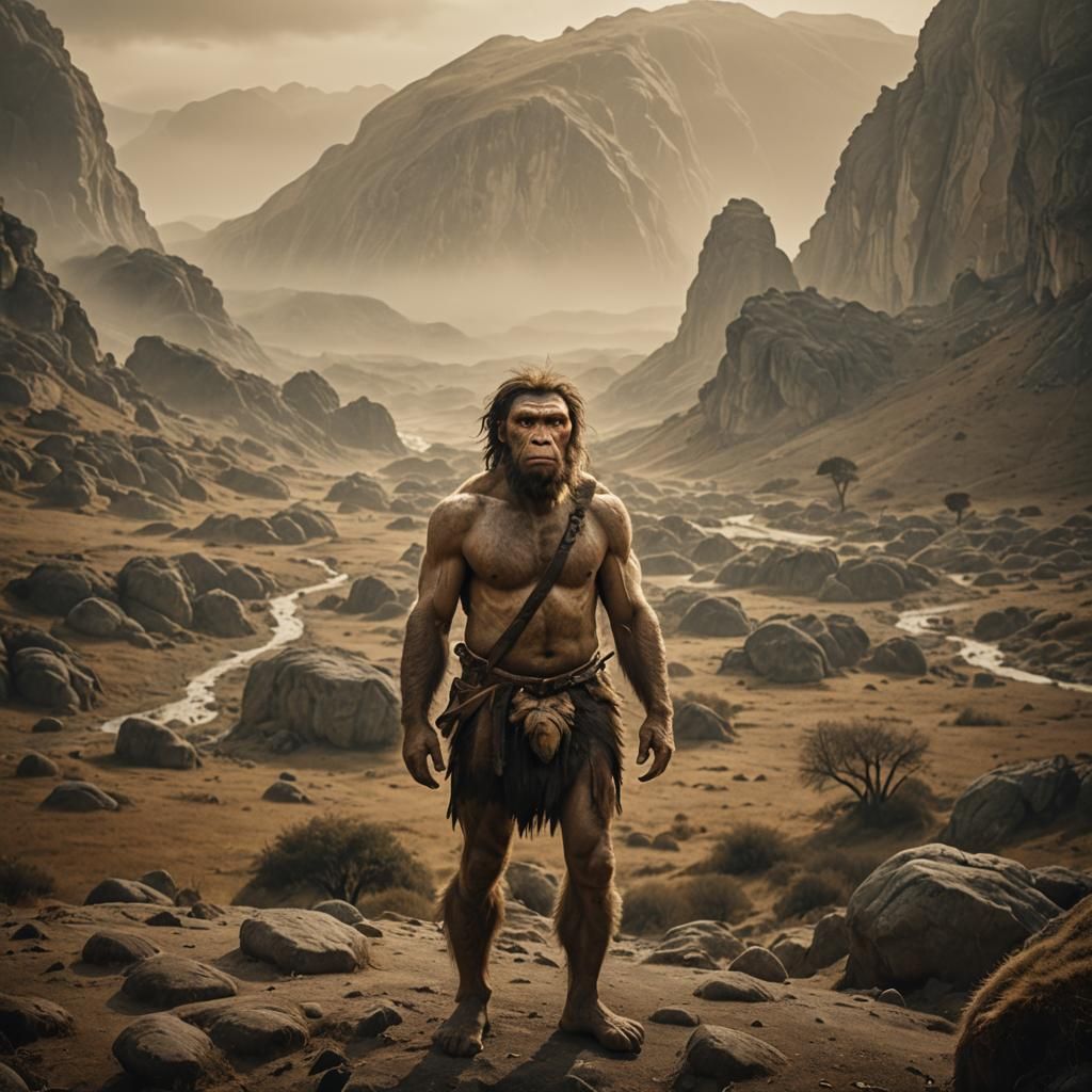 Iberian Neanderthal in Misty Landscape: Cinematic Film Still