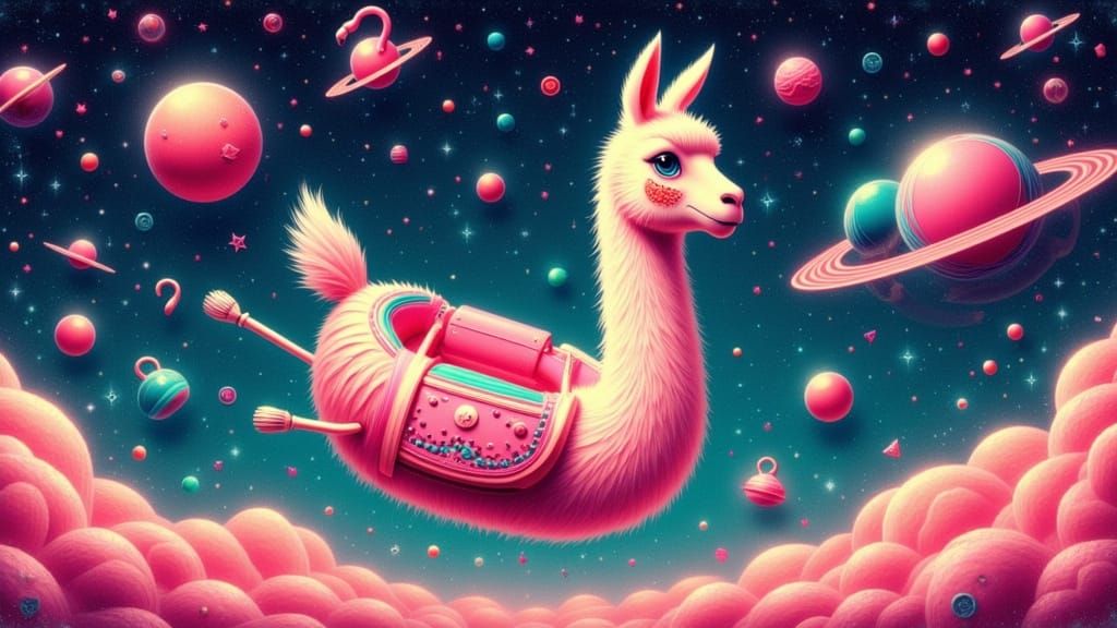 Llama in Flamingo Floaty in Outer Space Retro Art