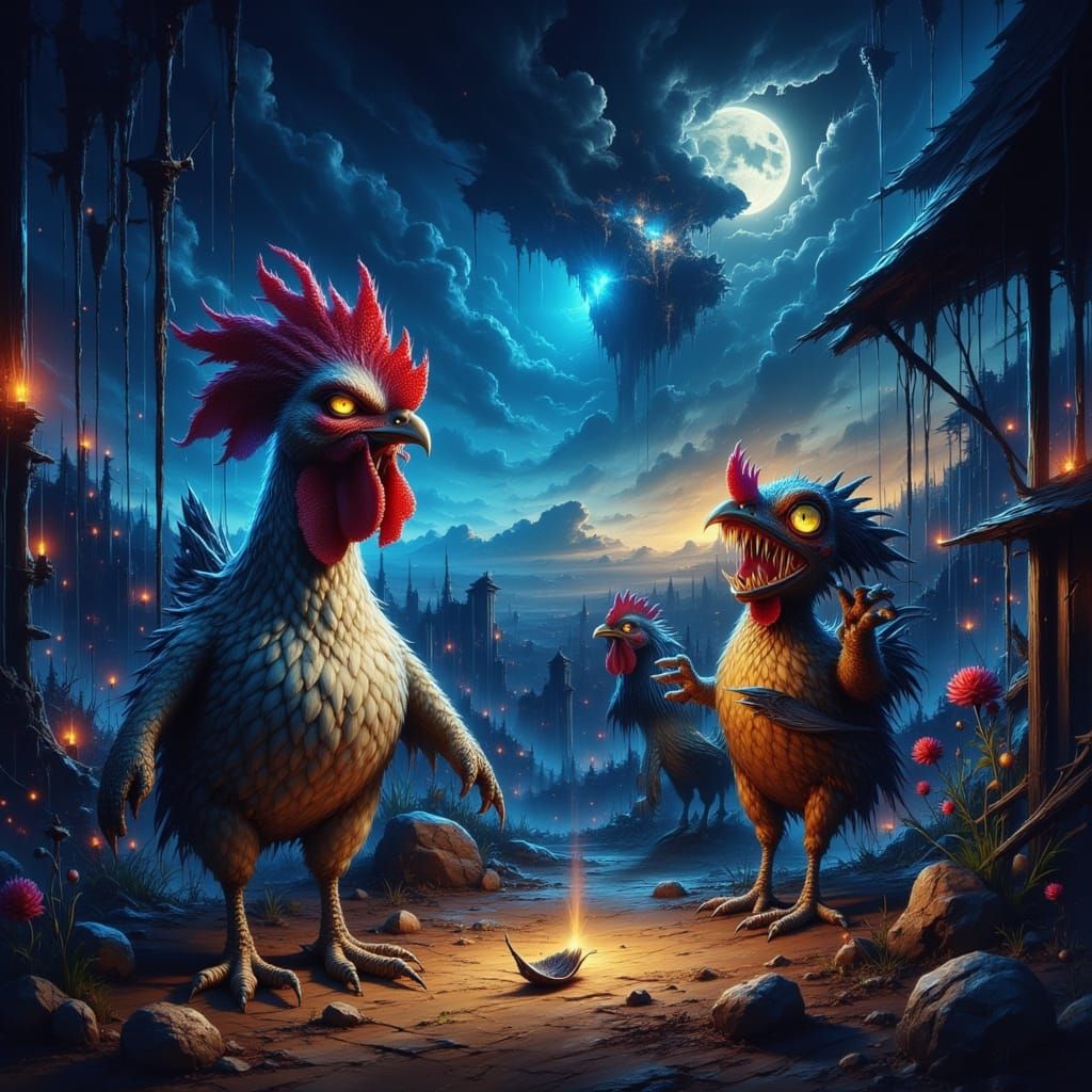 Surreal Hens with Human Teeth in Dreamlike Barnyard