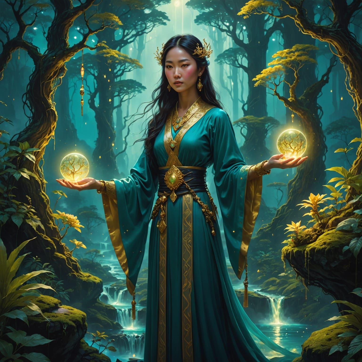 Ethereal Asian Woman Overlooks Glowing Forest