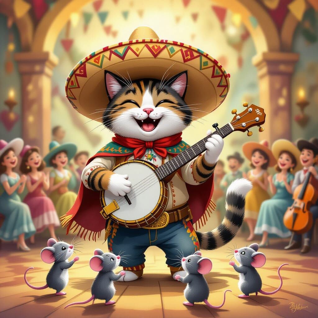 Anthropomorphic Cat Plays Banjo for Dancing Mice in Gouache ...