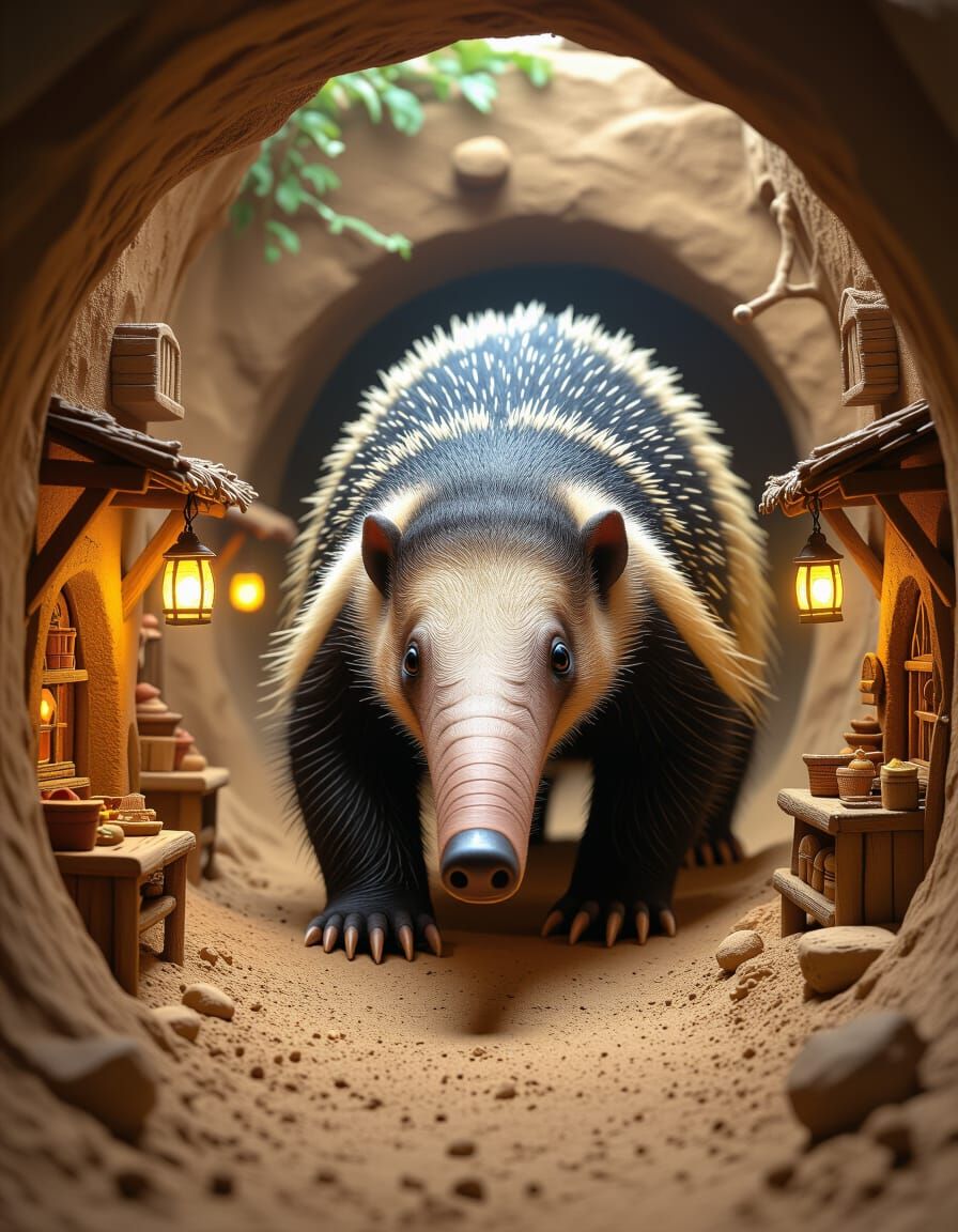 Hyperrealistic Anteater Explores Lively Underground Burrow T...