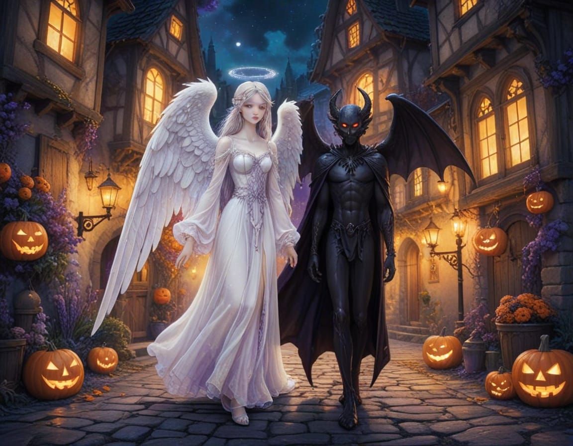 Angel and Demon Friends in Halloween Village