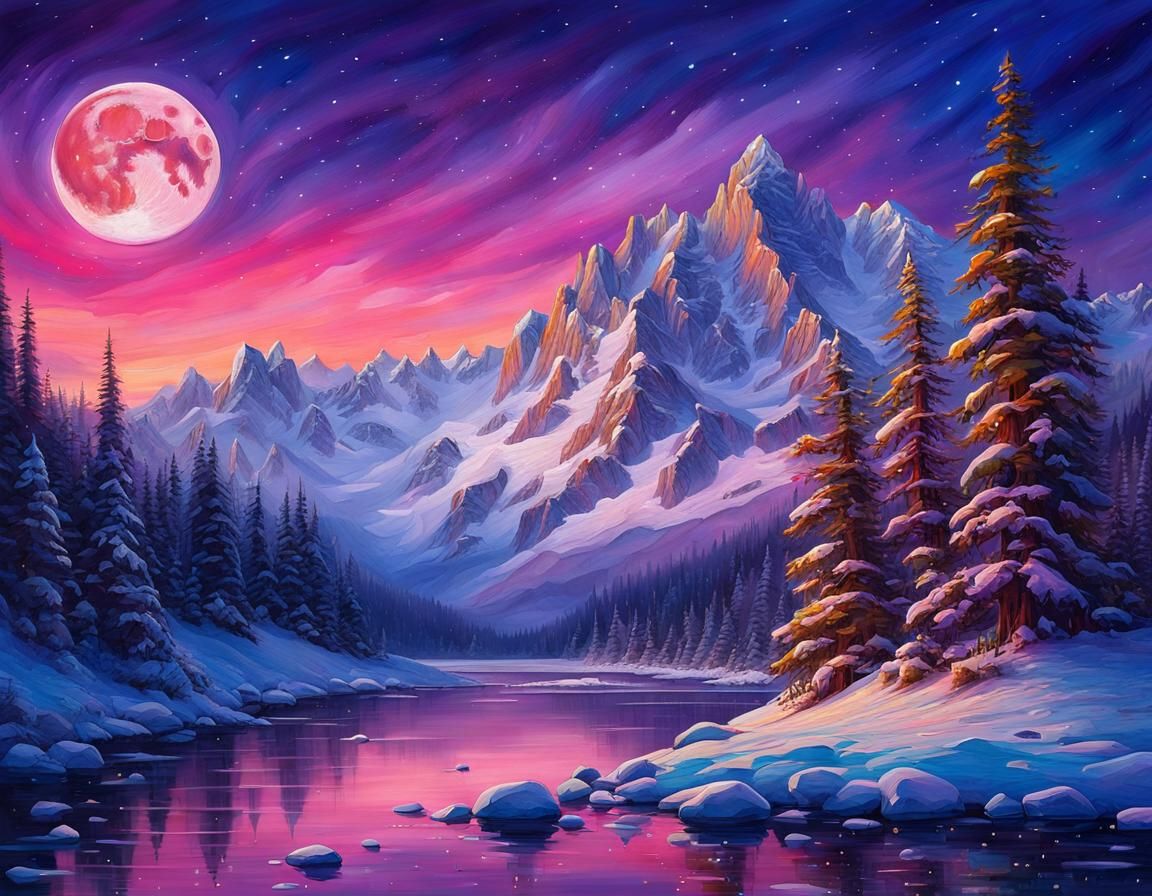 Winter Mountains and Frozen Lake in Oil and Watercolor