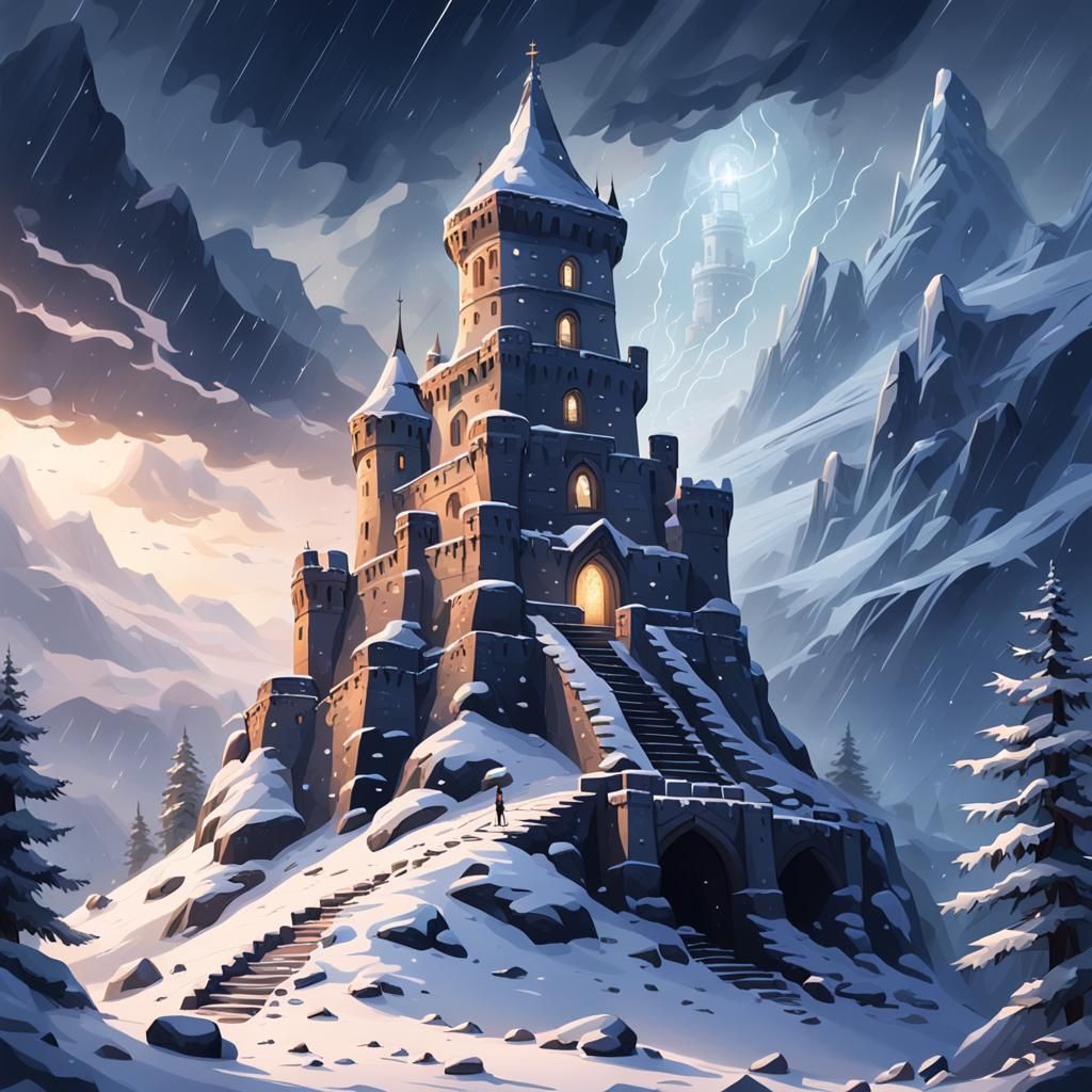 Mystical Ancient Tower in Winter Storm