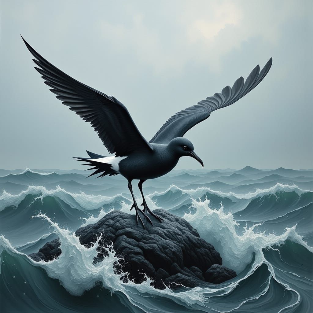 Storm Petrel Perched on Rocky Coastline in Moody Seascapes