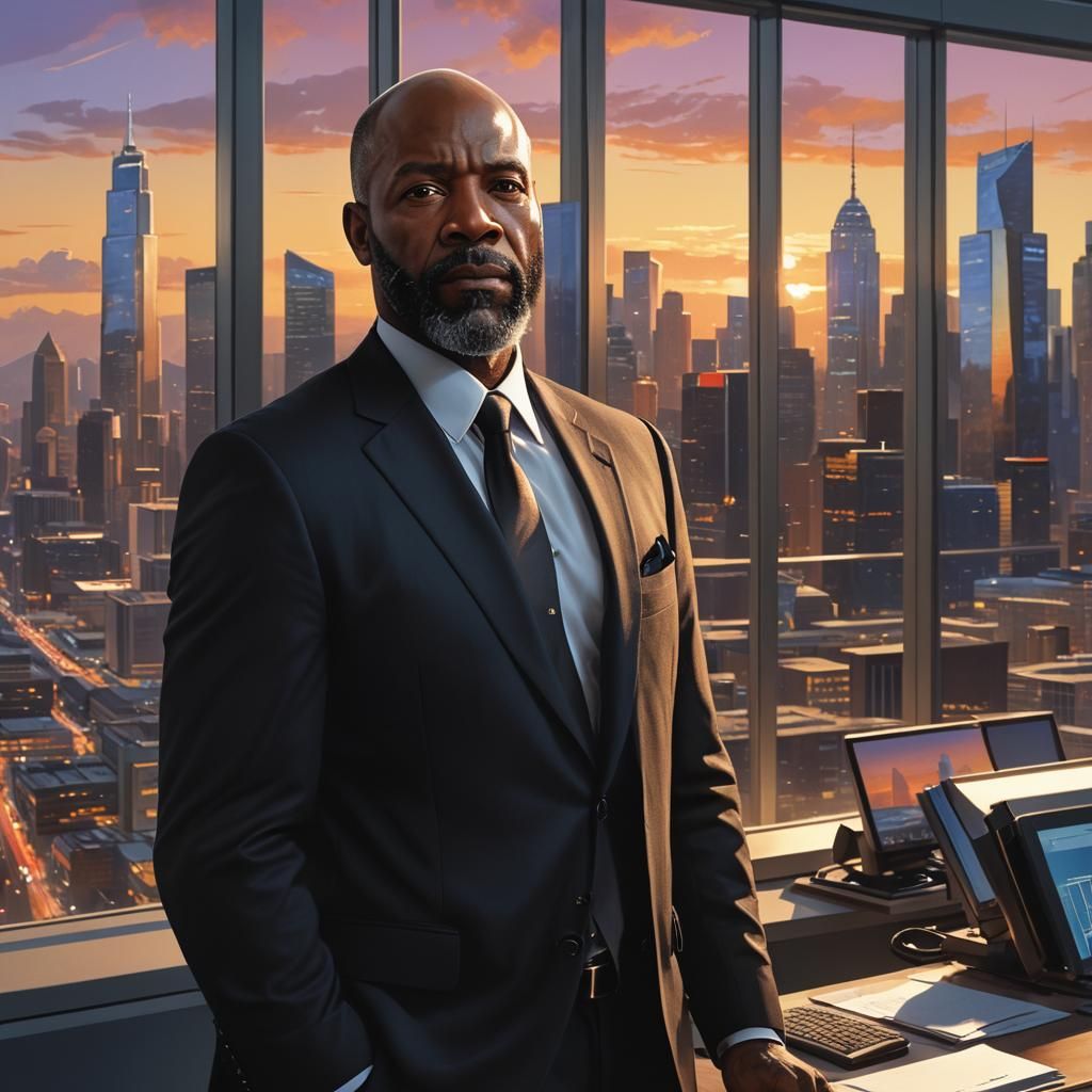 African American Man in High Tech Office, Digital Matte Pain...