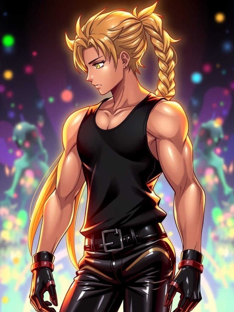 Chiseled Anime Boy in Vibrant, High-Gloss Black Attire