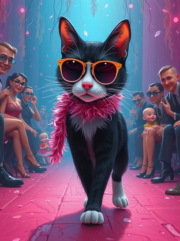 Cat on Runway in Tim Burton Cartoon Style