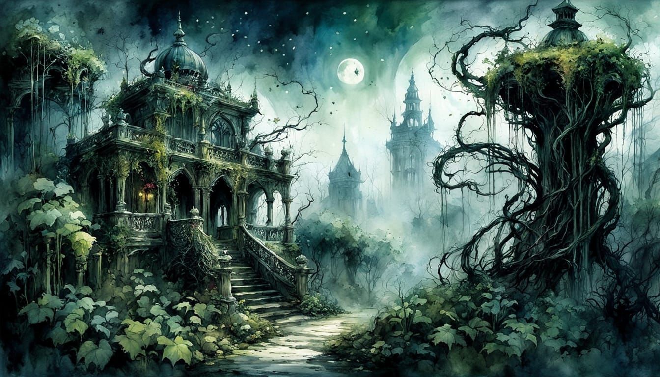 Creepy Garden in Watercolor Ink Splash Style