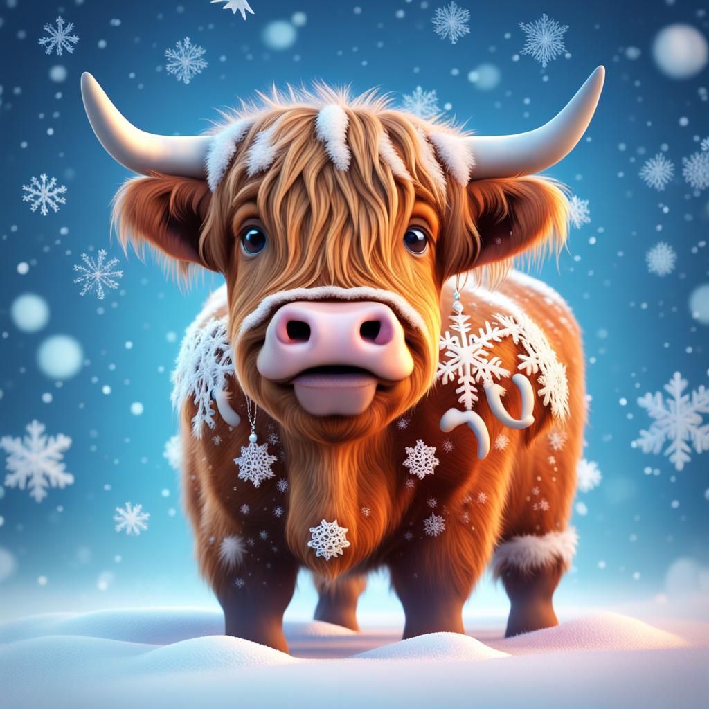 Festive Baby Highland Cow in Snowy Scene