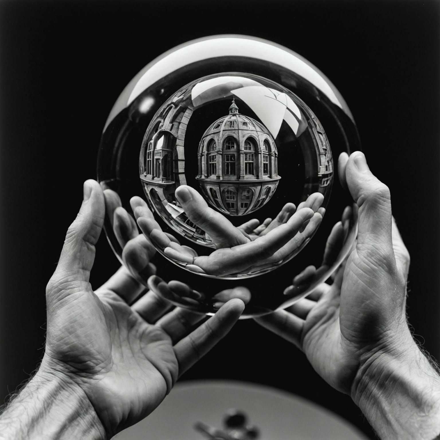 M.C. Escher's Optical Illusion Hand with Reflecting Sphere