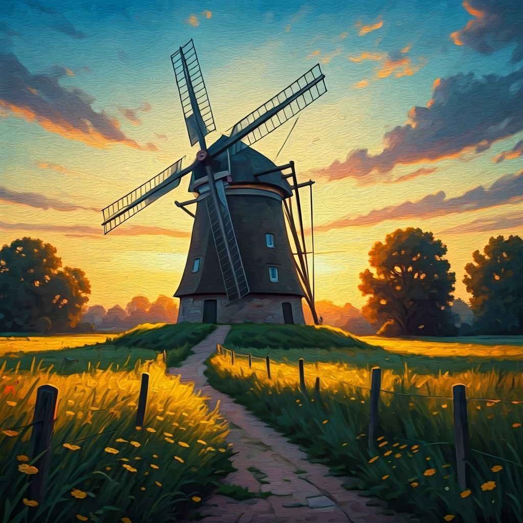 Rural Windmill at Sunrise as Impressionist Oil Painting