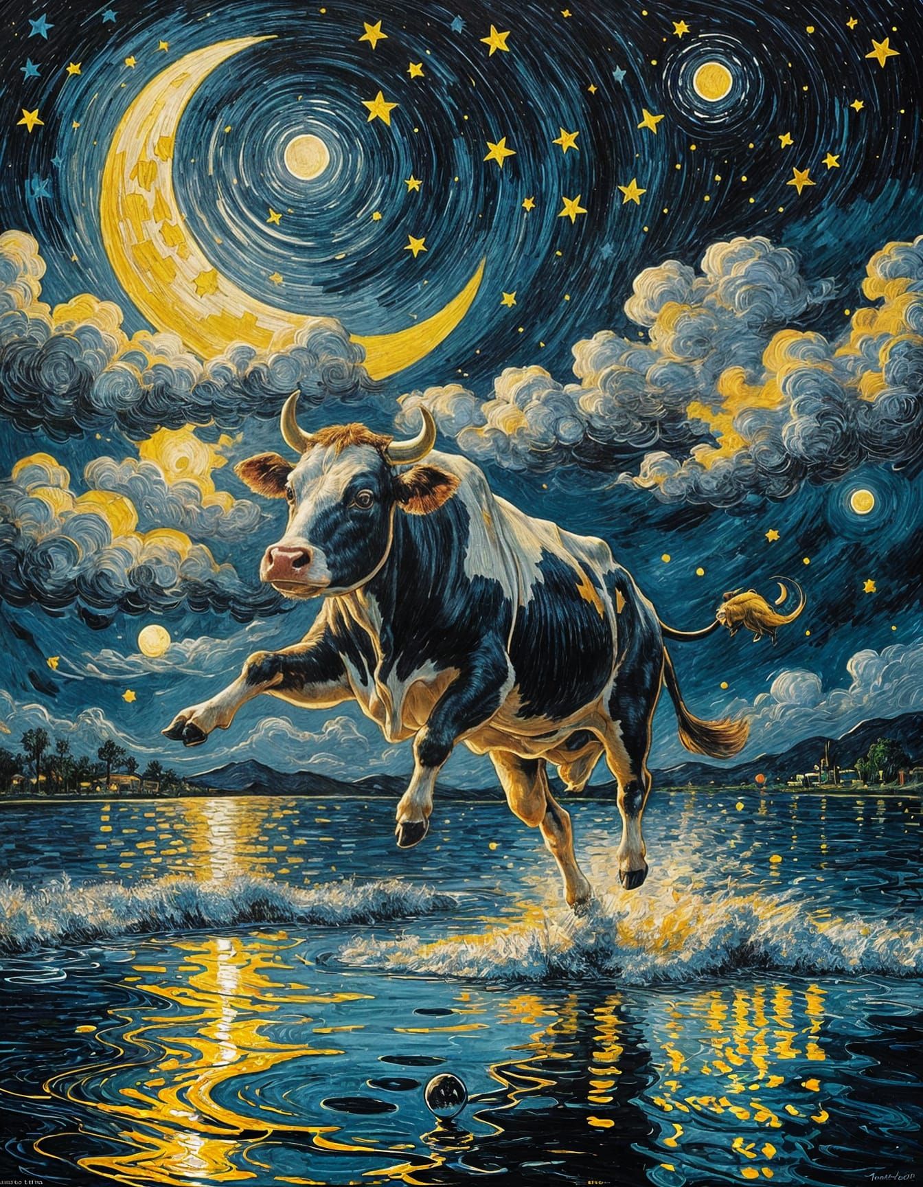 Cow Jumps Over the Moon in Starry Night Style