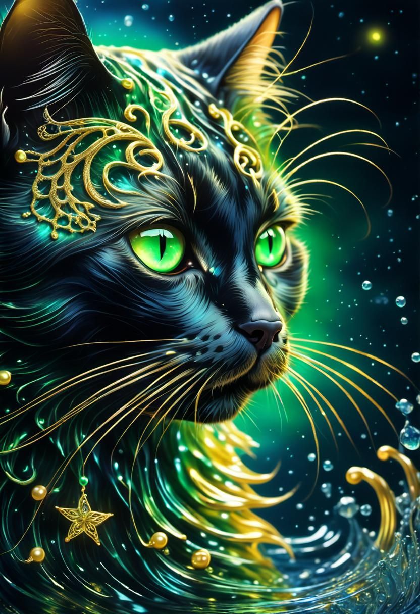 Water Cat Growling with Bioluminescent Fur in Vaporwave Styl...