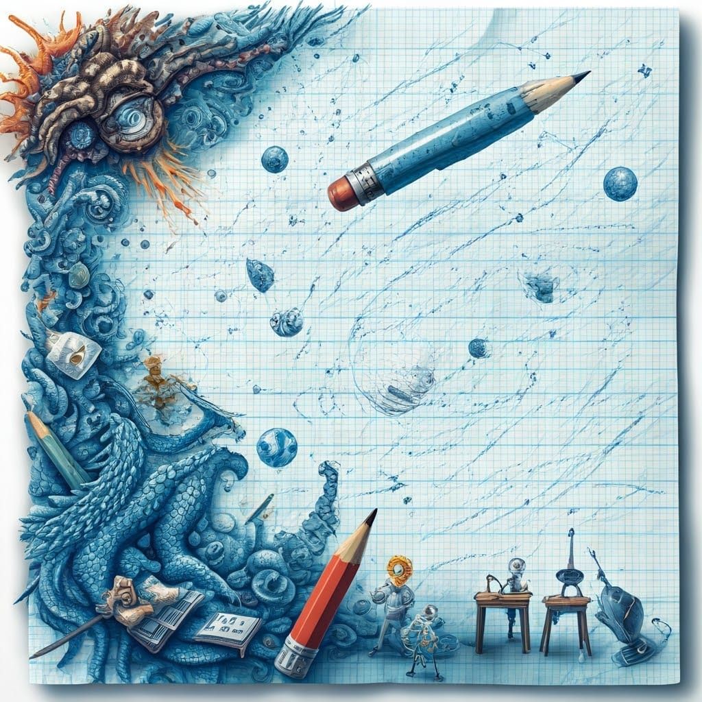 Fantastical Doodles on Crumpled Notebook Page