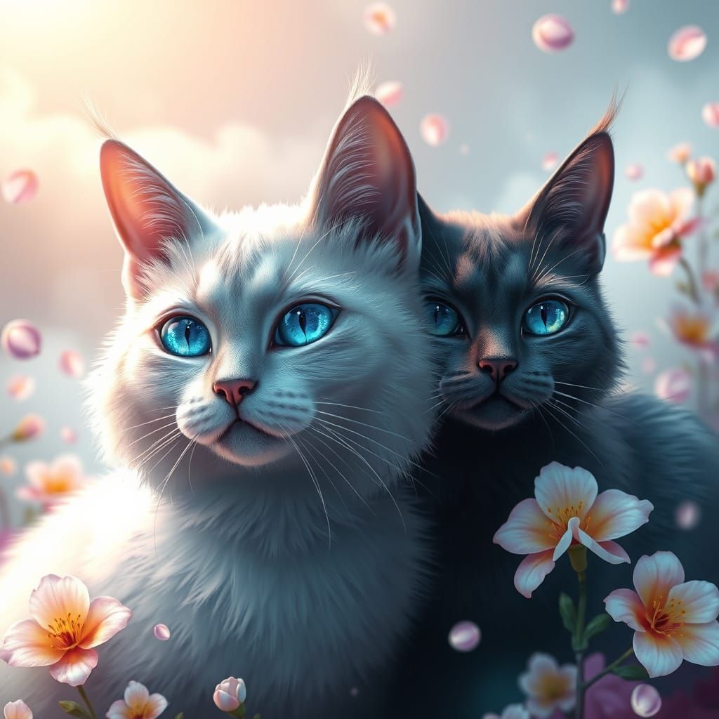 Elegant Cats with Blue-Green Eyes in 3D Anime Art