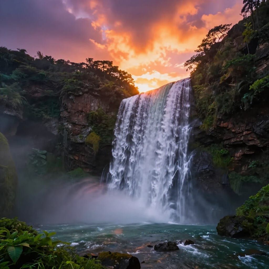 Majestic Mountain Waterfall at Fiery Sunset