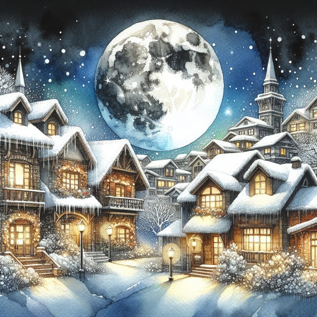 Charming Winter Town in Watercolor Style